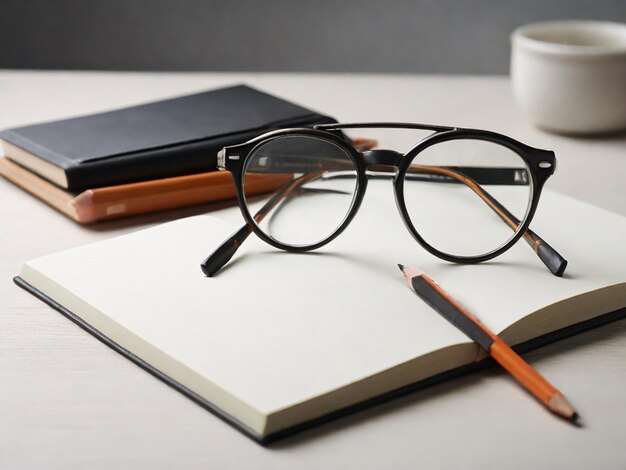 gafas y lápiz en un cuaderno blanco