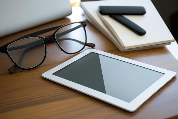 Gafas un libro y una tableta de computadora en una mesa de madera