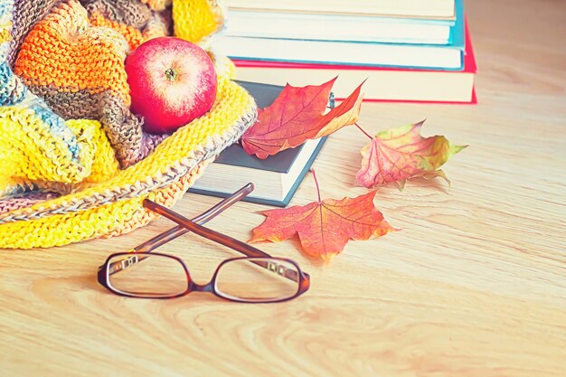 Las gafas de manzana, hojas de arce, manta tejida y una pila de libros sobre un fondo de madera