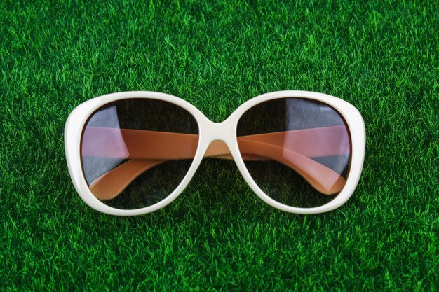 Gafas marrones se encuentran en la hierba verde. El concepto de verano, ocio, vacaciones, vacaciones.