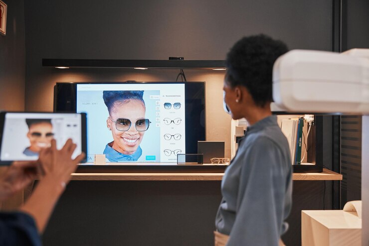 Foto gafas de moda y presentación con una diseñadora negra que ofrece una propuesta de producto en una sala de juntas reunión de marketing y estilo con una empleada que presenta un nuevo diseño de montura de gafas