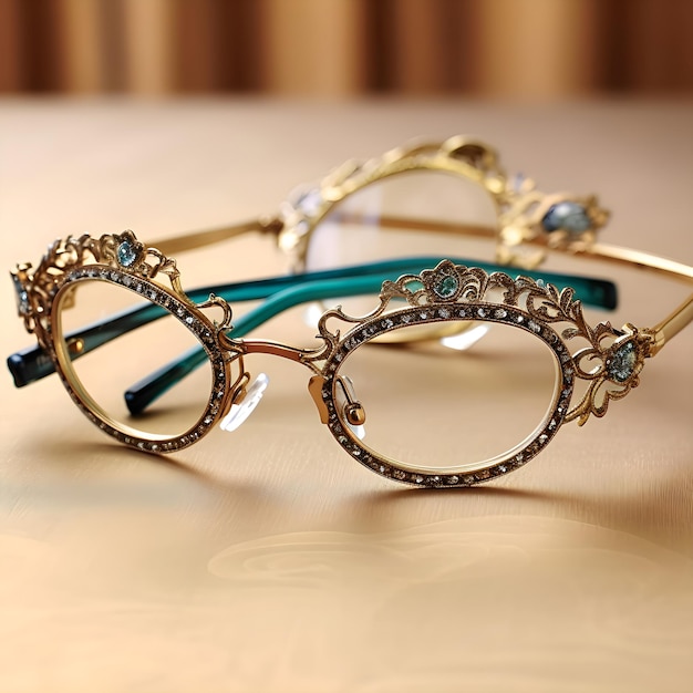 Unas gafas con montura verde y dorada con una piedra azul en la parte superior.