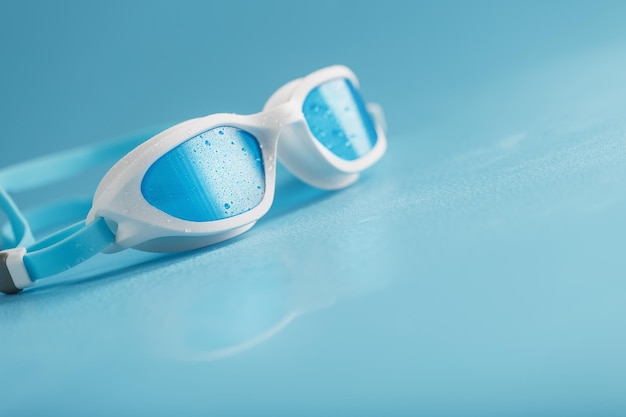 Foto gafas de natación blancas sobre un fondo azul