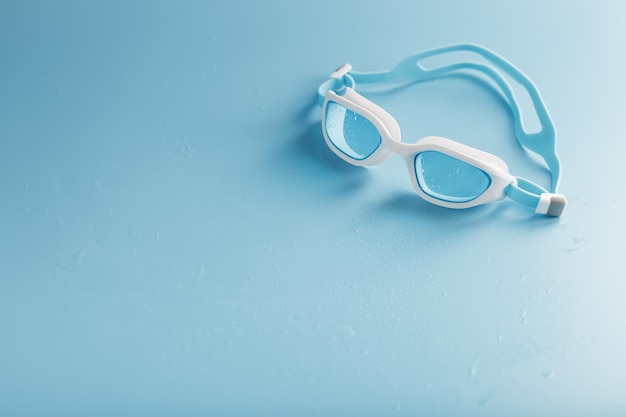 Gafas de natación en un marco blanco con un fondo azul.