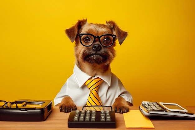 Gafas para perros negocios animales finanzas para mascotas de fondo amarillo humor gracioso IA generativa