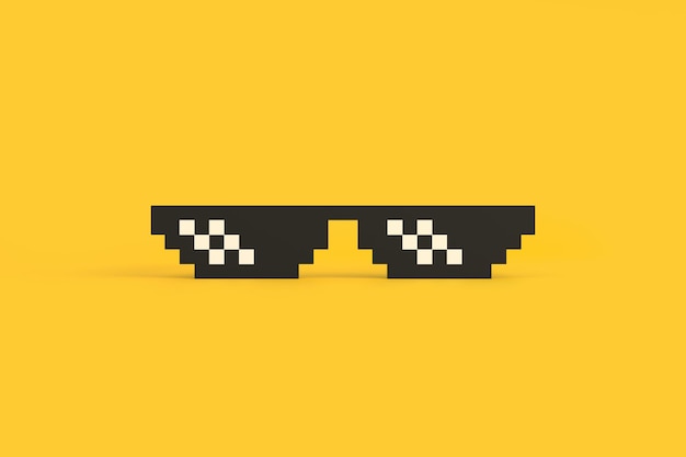 Gafas de píxeles de meme en un fondo amarillo Visión frontal de las gafas de arte de píxelas renderización 3D