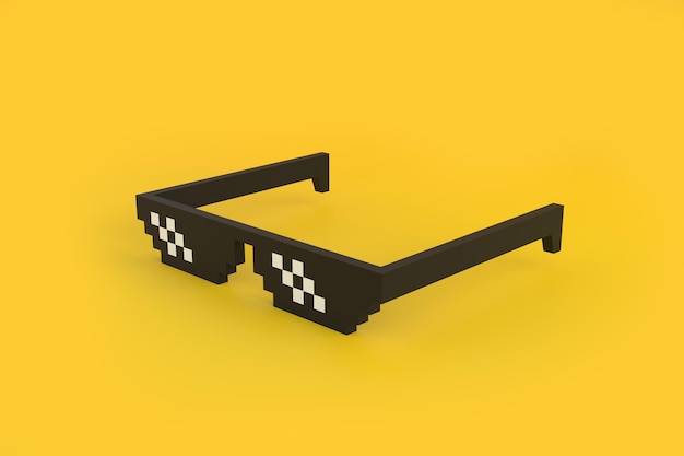 Gafas de píxeles meme sobre un fondo amarillo Vista frontal de gafas de arte de píxeles Ilustración de representación 3D