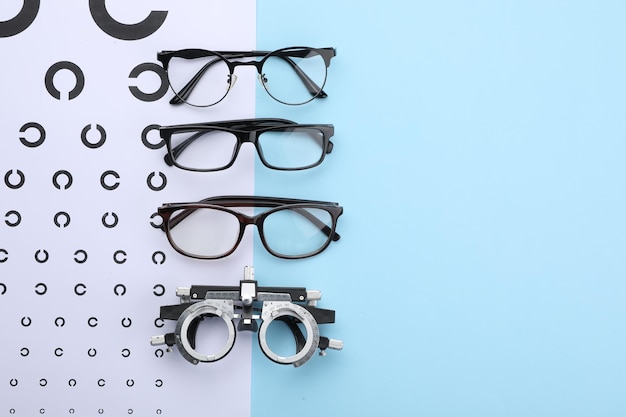 Gafas de prueba de visión y marco de prueba sobre un fondo azul claro colocado en plano Espacio para el texto