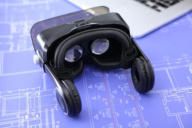 Gafas de realidad virtual en el escritorio con tecnología 3d empresarial portátil