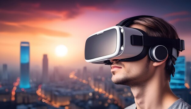 Foto gafas de realidad virtual de fondo realidad virtual contra el fondo de la ciudad nocturna