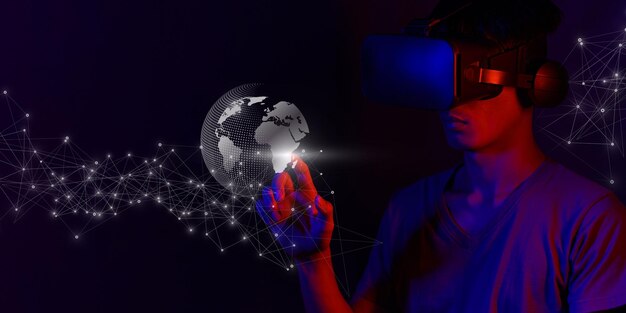 Foto gafas de realidad virtual juego de realidad aumentada concepto de tecnología futura vr mundo simulado de metaverso postura corporal vestido futurista