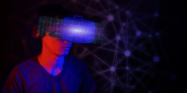 Gafas de realidad virtual Juego de realidad aumentada concepto de tecnología futura VR mundo simulado de metaverso postura corporal vestido futurista