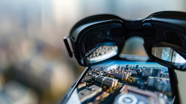 Foto las gafas de realidad virtual negra se colocan en un teléfono inteligente a través de las gafas se puede ver el reflejo de un paisaje urbano