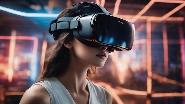 Gafas de realidad virtual vista del metaverso desde la interfaz digital rodeada de tecnología VR