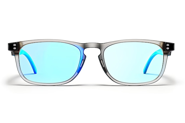 Gafas recubiertas de luz azul sobre un fondo blanco protección ocular contra la fatiga IA generativa