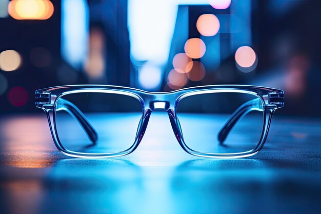 Gafas con recubrimiento de luz azul en la mesa sobre un fondo oscuro protección de los ojos contra la fatiga IA generativa