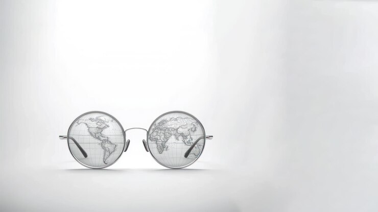 Gafas redondas con impresiones de mapas del mundo en lentes sobre un fondo blanco que simbolizan la visión global y la paz inspiradas por Gandhi Jayanti