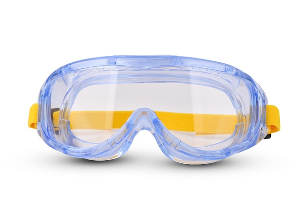 Gafas de seguridad azules contra el impacto de salpicaduras químicas en blanco