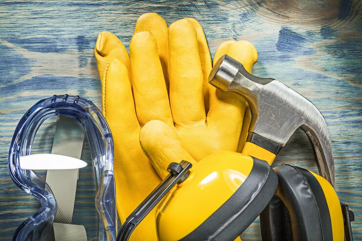 Foto gafas de seguridad guantes de cuero martillo de orejas en concepto de construcción de tablero de madera