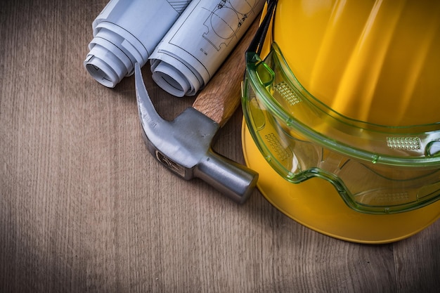 Gafas de seguridad con martillo de garra, dibujos de construcción y casco