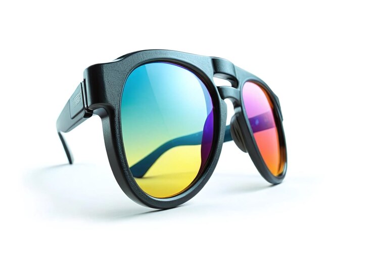 gafas de sol 3D con lente de color y reflejo del sol aislado sobre un fondo blanco