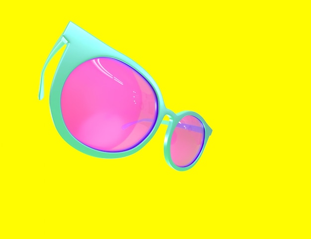 Gafas de sol 3D con vista de ángulo de lentes rosas Gafas polarizadas en marcos de color turquesa anteojos para vacaciones en la playa o fiesta aislada sobre fondo amarillo Divertido diseño de verano Banner de maqueta de renderizado 3D