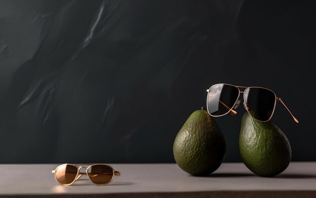 Gafas de sol de aguacate en una mesa con fondo negro