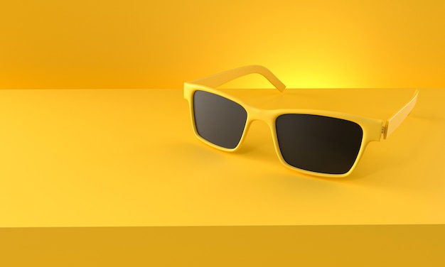 Gafas de sol amarillas con gafas negras sobre fondo amarillo. Concepto de verano de minimalismo. Representación 3D