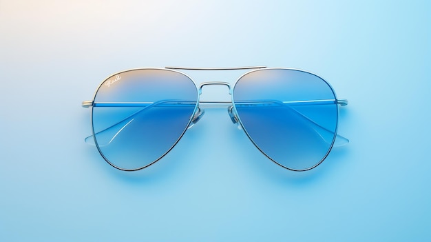 Gafas de sol de aviador con lentes azules sobre un fondo de gradiente azul a juego