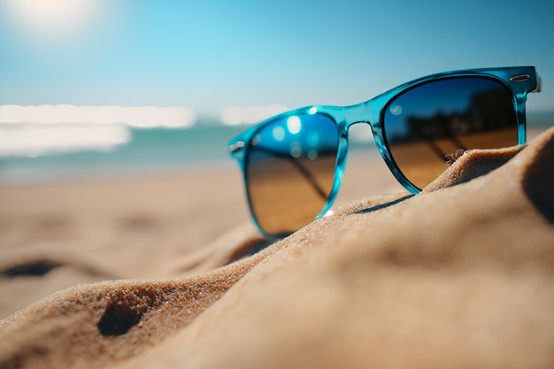 Gafas de sol azules en la arena de la playa junto al mar vacaciones de verano IA generativa