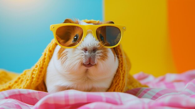 Foto gafas de sol y bufanda de conejo de indias en el estudio con un fondo colorido y brillante generativo ai