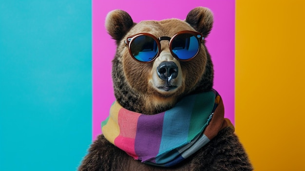 gafas de sol y bufanda de oso pardo en el estudio con un fondo colorido y brillante Generativo Ai