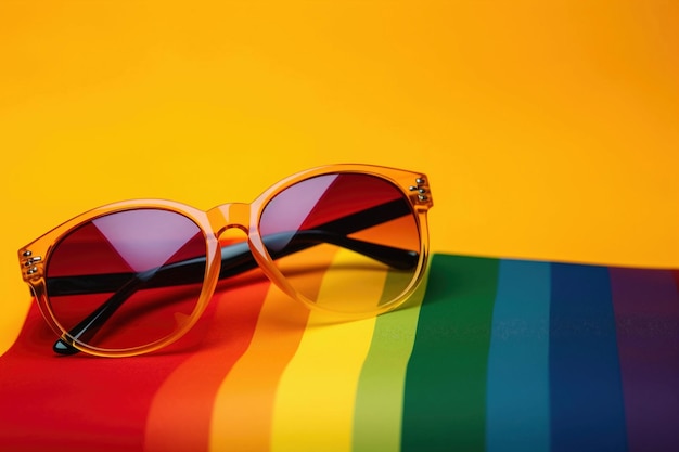 Gafas de sol y colores de la bandera de la comunidad LGBTQ sobre fondo amarillo IA generativa