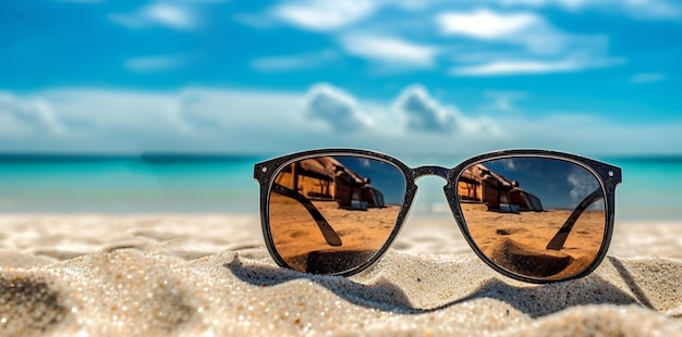 Gafas de sol de concepto de vacaciones de verano con reflejo en el cielo de verano azul arena y océano en el