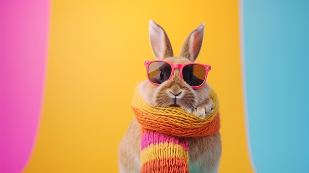 gafas de sol de conejo y bufanda en el estudio con un fondo colorido y brillante Generativo Ai