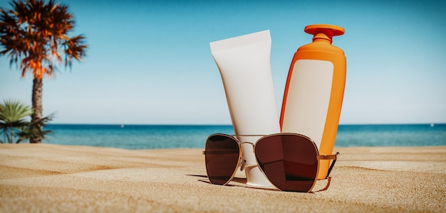 Gafas de sol y crema solar en la playa en verano