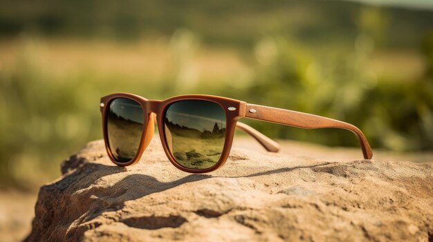 Gafas de sol descansando en la playa de arena