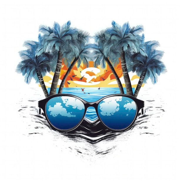 Gafas de sol con diseño de camiseta de playa tropical sobre un fondo blanco