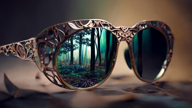 Unas gafas de sol con una escena del bosque en las lentes.