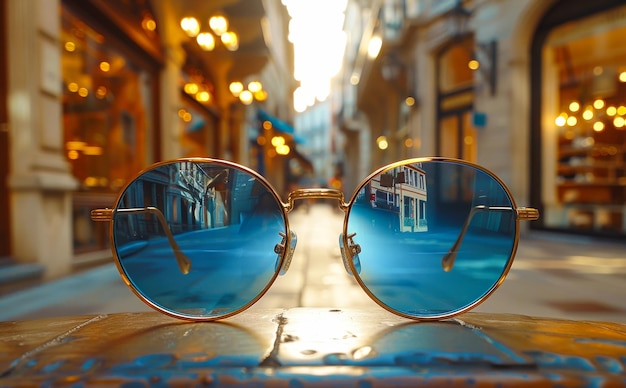 Foto las gafas de sol están en el banco en la ciudad