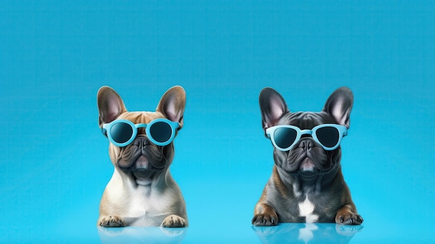 Gafas de sol Happy Cute Two Dogs con collares sobre fondo azul IA generativa