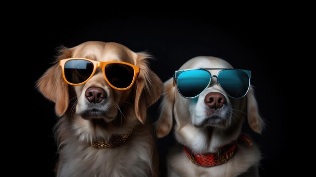 Gafas de sol Happy Cute Two Dogs con collares sobre fondo negro IA generativa