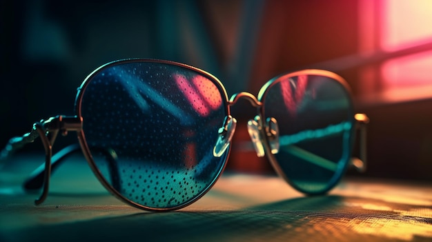 Gafas de sol con lentes en forma de corazón sobre una superficie de cuero generativa ai