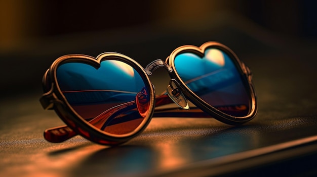 Gafas de sol con lentes en forma de corazón sobre una superficie de cuero generativa ai