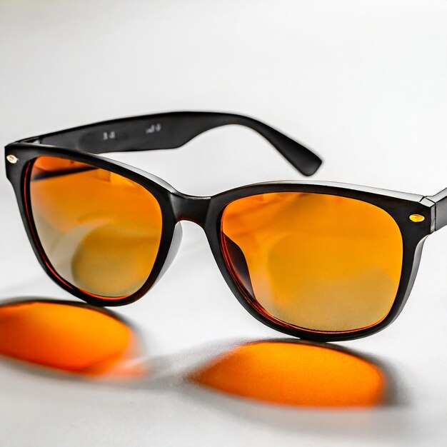 Gafas de sol con lentes naranjas sobre un fondo blanco