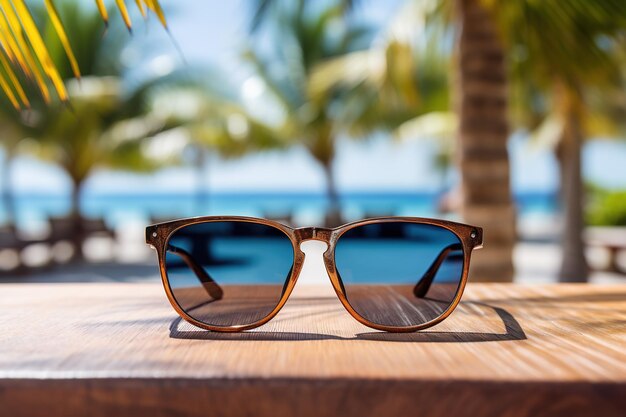 Gafas de sol marrones antiguas en una mesa de madera con palmeras en el fondo