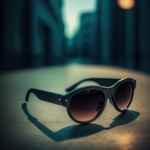 gafas de sol en una mesa de madera con un espejo reflejo gafas de Sol en la mesa por la noche