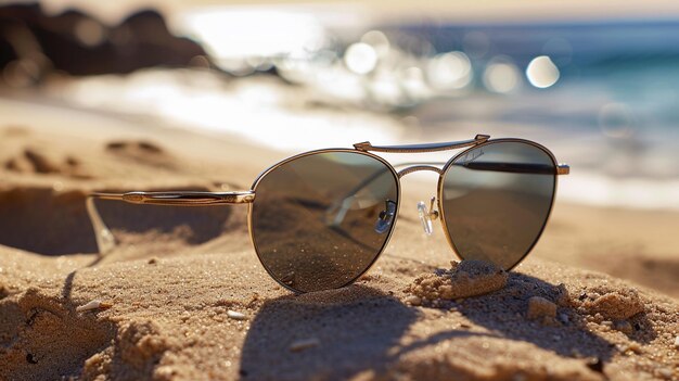 Gafas de sol de moda en la arena cerca del mar