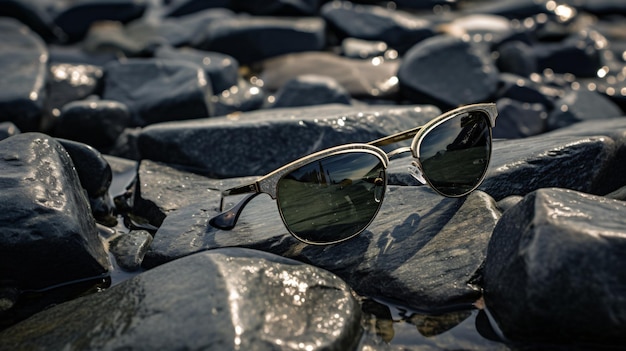 Las gafas de sol mojadas perdidas yacen sobre una piedra