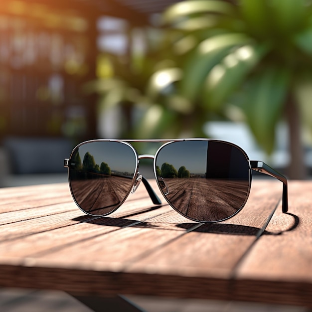 gafas de sol negras en la mesa de madera del café durante el día